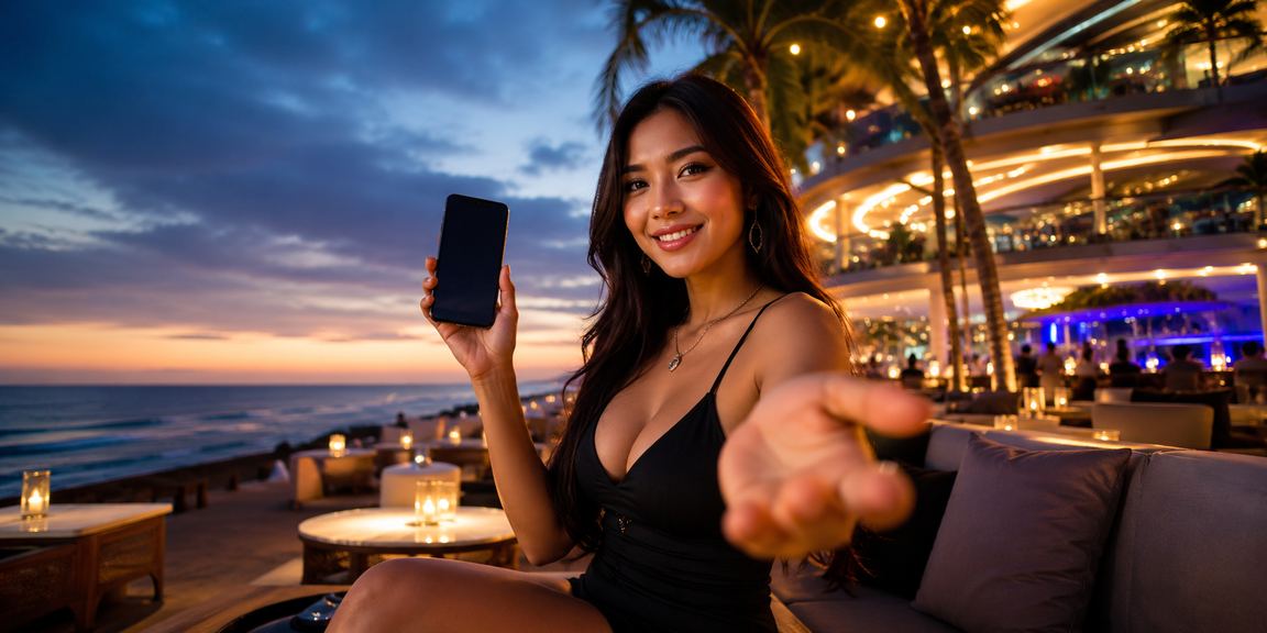 Pengguna menikmati bonus rebate sambil bersantai di pantai Indonesia dengan smartphone