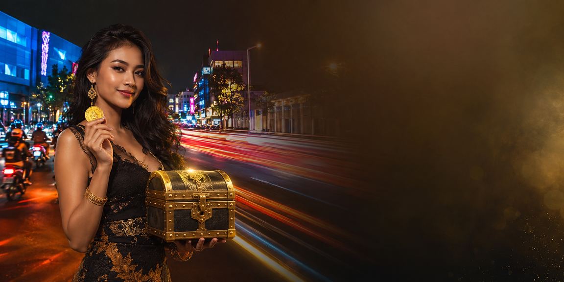 Suasana kasino malam hari dengan lampu neon berwarna cerah dan meja permainan yang aktif